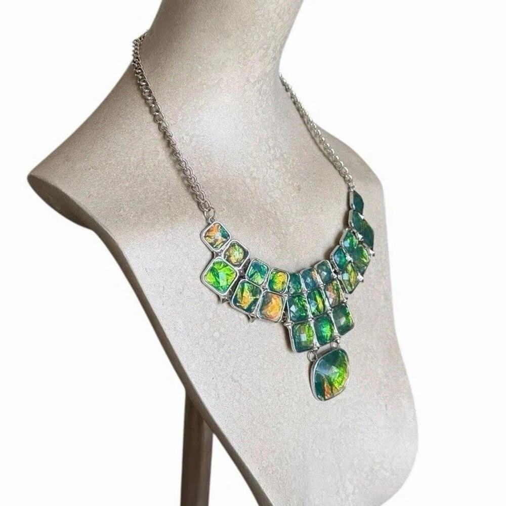 Iridescent Green Statement Bib Necklace Chunky Geometric Silver Tone Boho - Picture 4 of 7